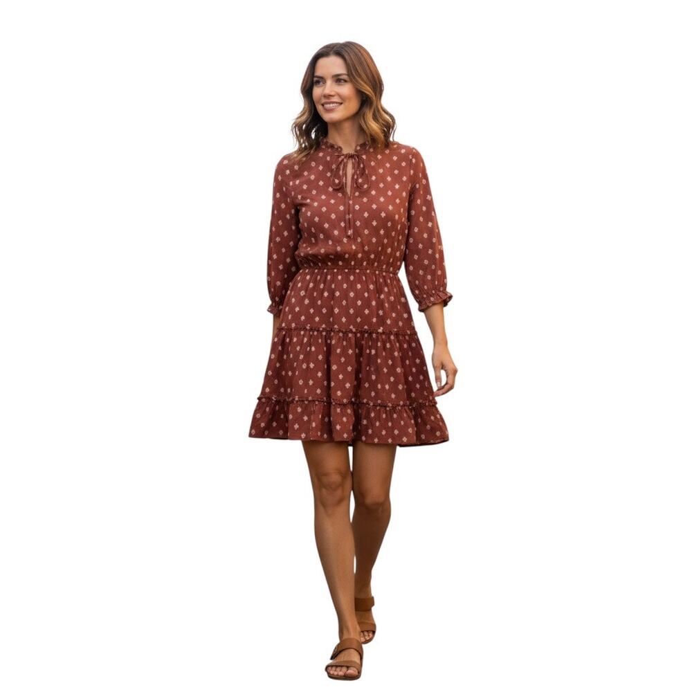 Cato Rust Orange Corduroy Tiered Mini Dress Long Sleeve Boho Women's Large